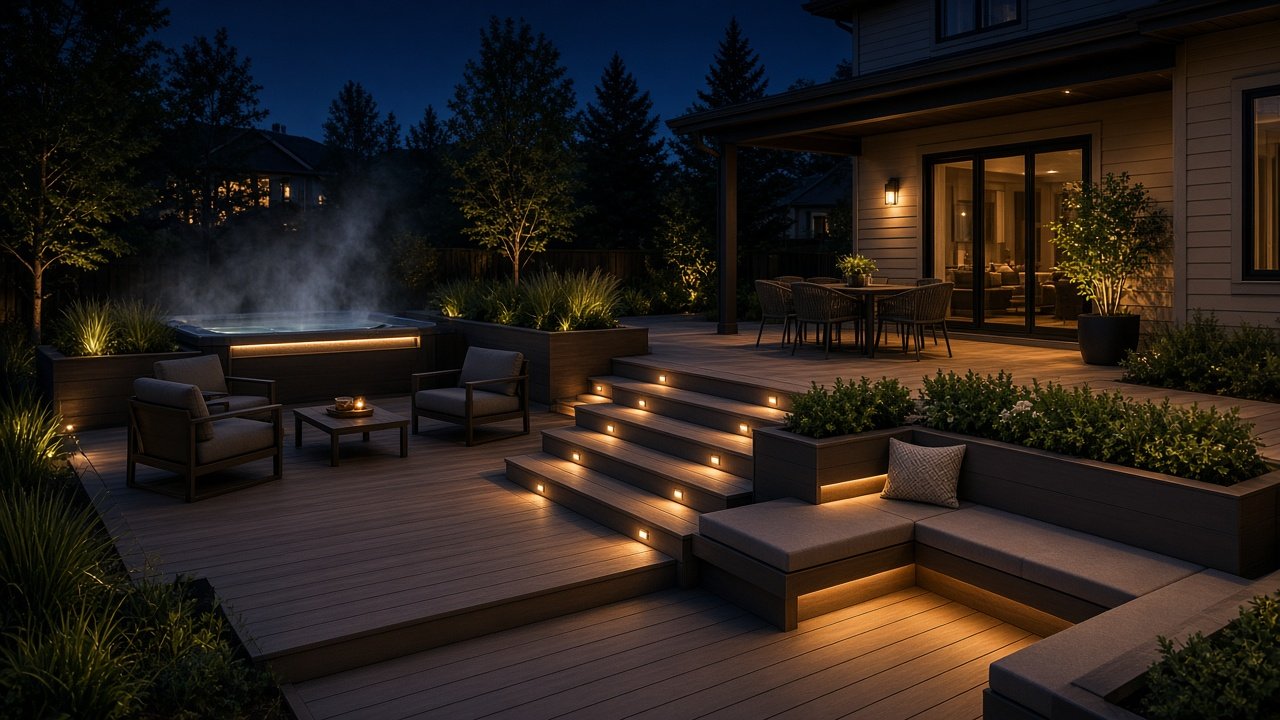 Evening backyard oasis with deck lighting and mountain views